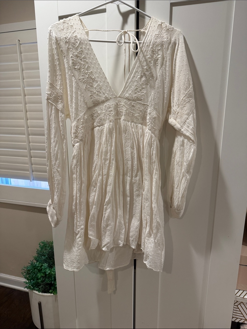 Free People Cream Boho Mini Dress with Lace Detail